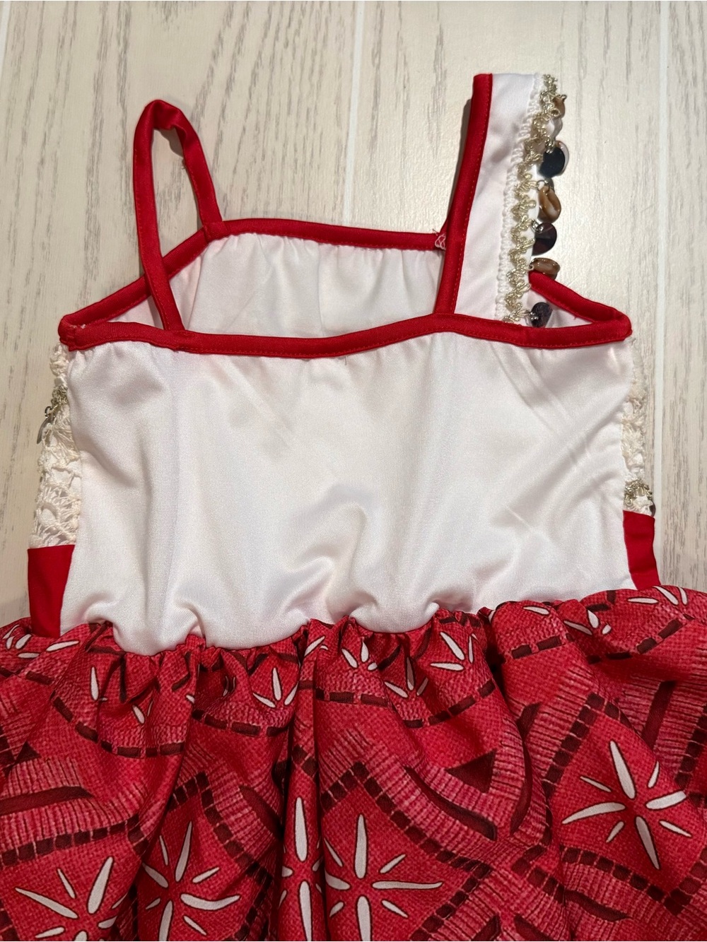 Moana Inspired Girls Costume Dress Size 120 5/6 Red White Fringe Beaded - Picture 13 of 14